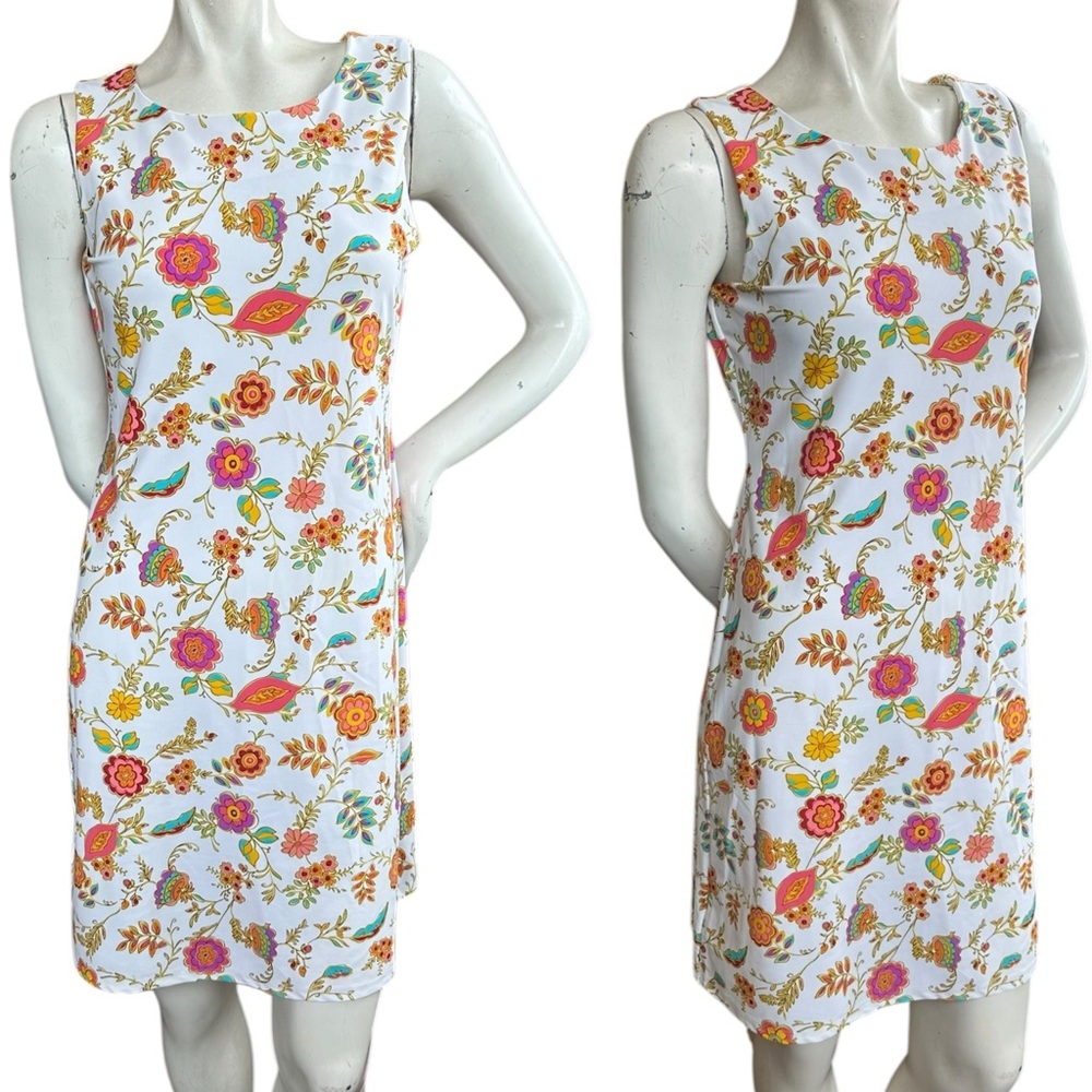 Jude Connally White Sleeveless Shealth Rainbow Floral Print Dress Size Small